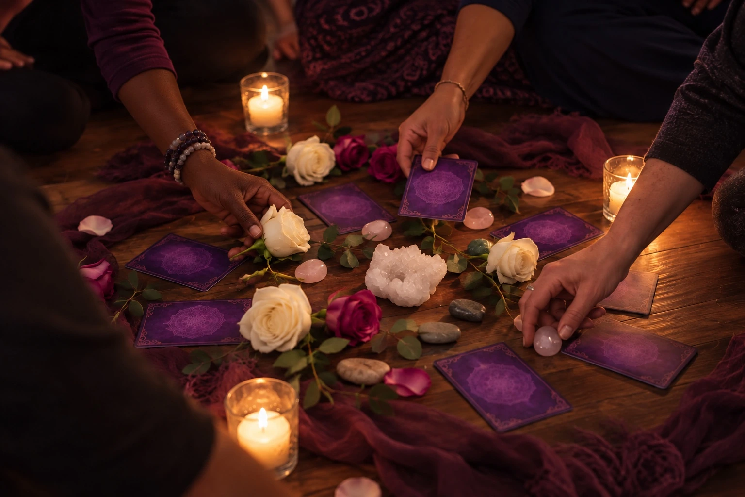Hands building a candlelit community altar