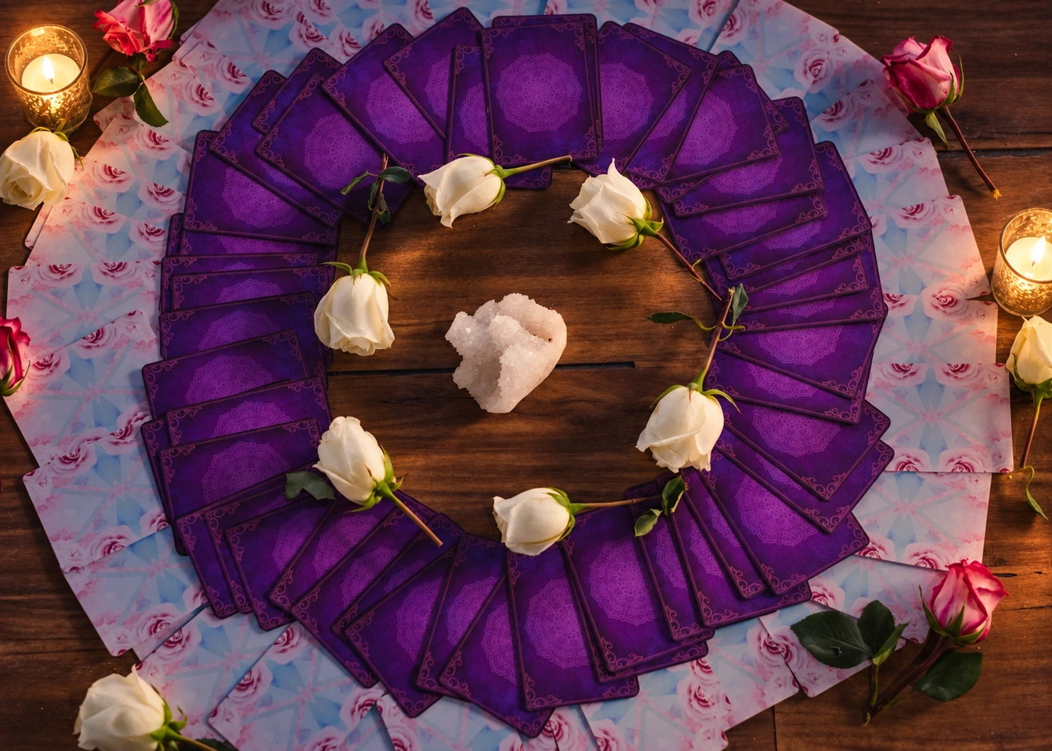 Purple cards, roses and crystal arranged on the community altar