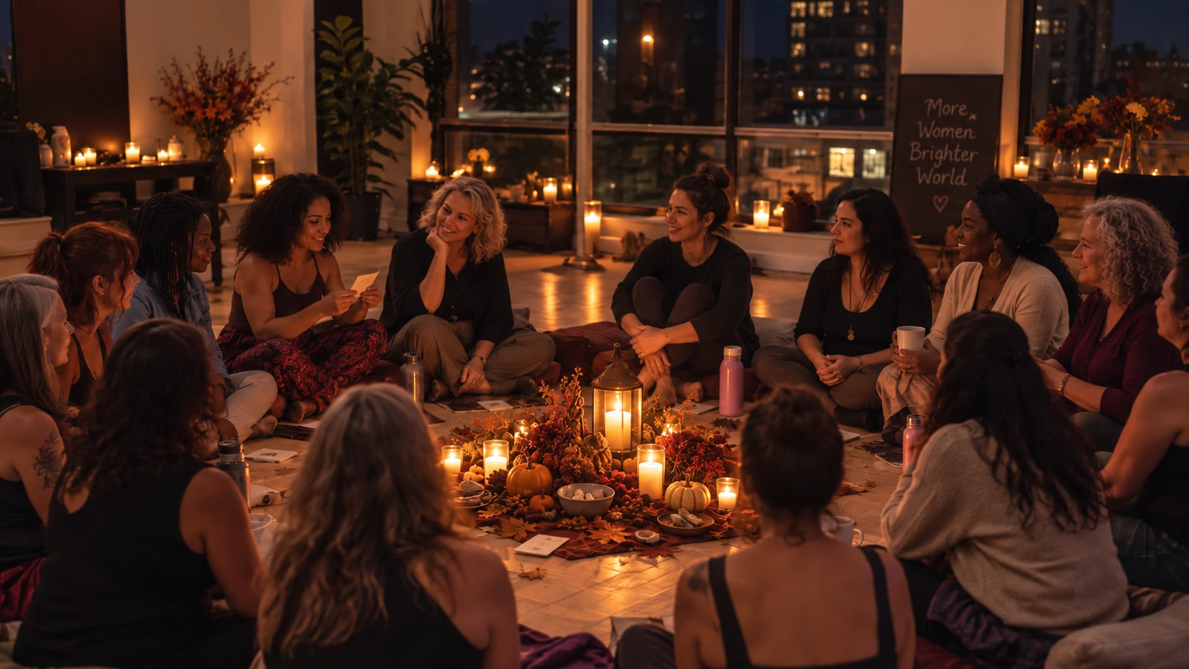 Women gathered in a candlelit circle