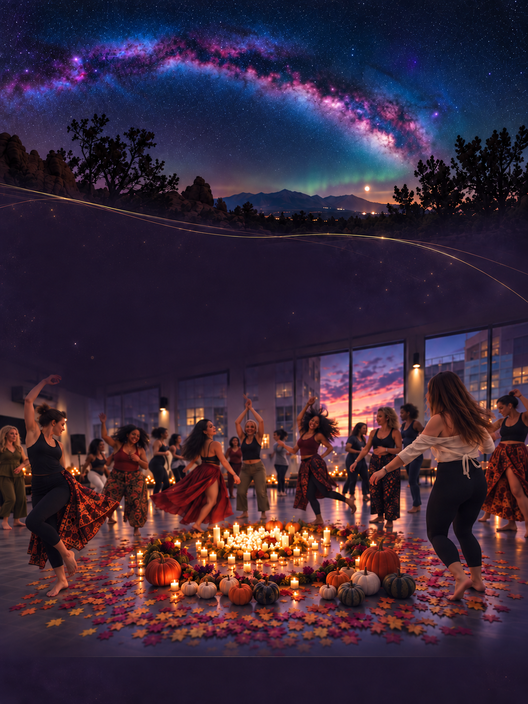 Illustrated starry sky flowing into a candlelit Samhain dance gathering